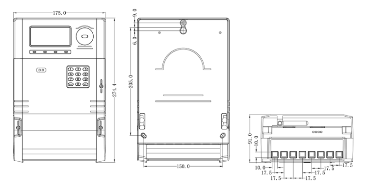 Three-phase prepaid energy meter drawing